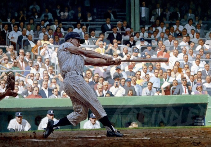 Jimfrombaseball's tweet photo. "When Roger Maris hit it, he came into the dugout and they were all applauding.
I mean, this is something that's only happened once in baseball, right?
And the people were all applauding.
They wanted him to come back out.
Roger wouldn't come out, so the players had to push him back out.
They forced him to come out and take a bow.
That's the kind of guy he was.
He was great, and I really liked him.
Roger Maris was as good a man and as good a ballplayer as there ever was.
The greatest thing I ever saw was Maris breaking Babe Ruth's record.
I don't know why Roger Maris isn't in the Hall of Fame.
To me, he was as good as there ever was."
Mickey Mantle.
"Roger Maris"
Art by Graig Kreindler.
In my HOF!!!!!!