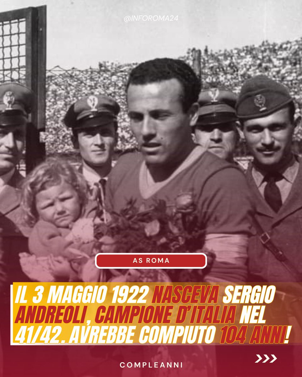 inforoma24's tweet photo. 🟡🔴 Il 3 maggio 1922 nasceva Sergio #Andreoli, oggi avrebbe compiuto 104 anni!
🏆 Terzino sinistro dell’#ASRoma per sette stagioni, ha collezionato 207 presenze e 10 gol, laureandosi Campione d’Italia nella stagione 1941-42. https://t.co/bee2qG9WQN