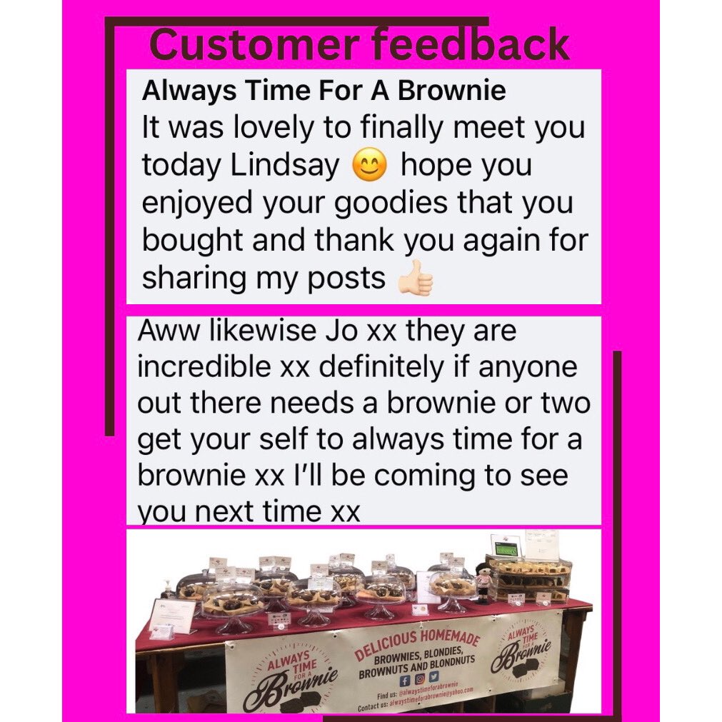 alwaystimefora's tweet image. Some of my lovely customers feedback from visiting my stall at @radcliffemkt artisan market yesterday 😊 I will be back on Saturday 6th June 😉 #customerfeedback #feedback #happycustomers #brownies #blondies
