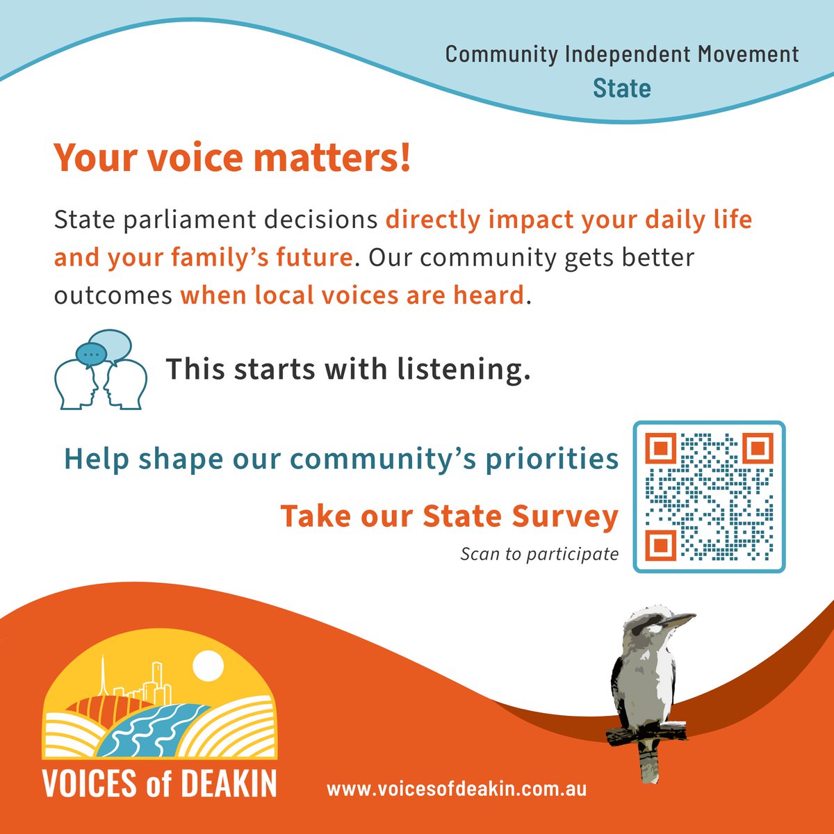 voicesofdeakin's tweet photo. Responses to this survey will help form our Listening Report. The information is used to hold reps from State Government to account. So if you are going to Vote in either the Ringwood or Croydon Districts in November - use the QR code and tell us what you think! https://t.co/wtQmtkxe97