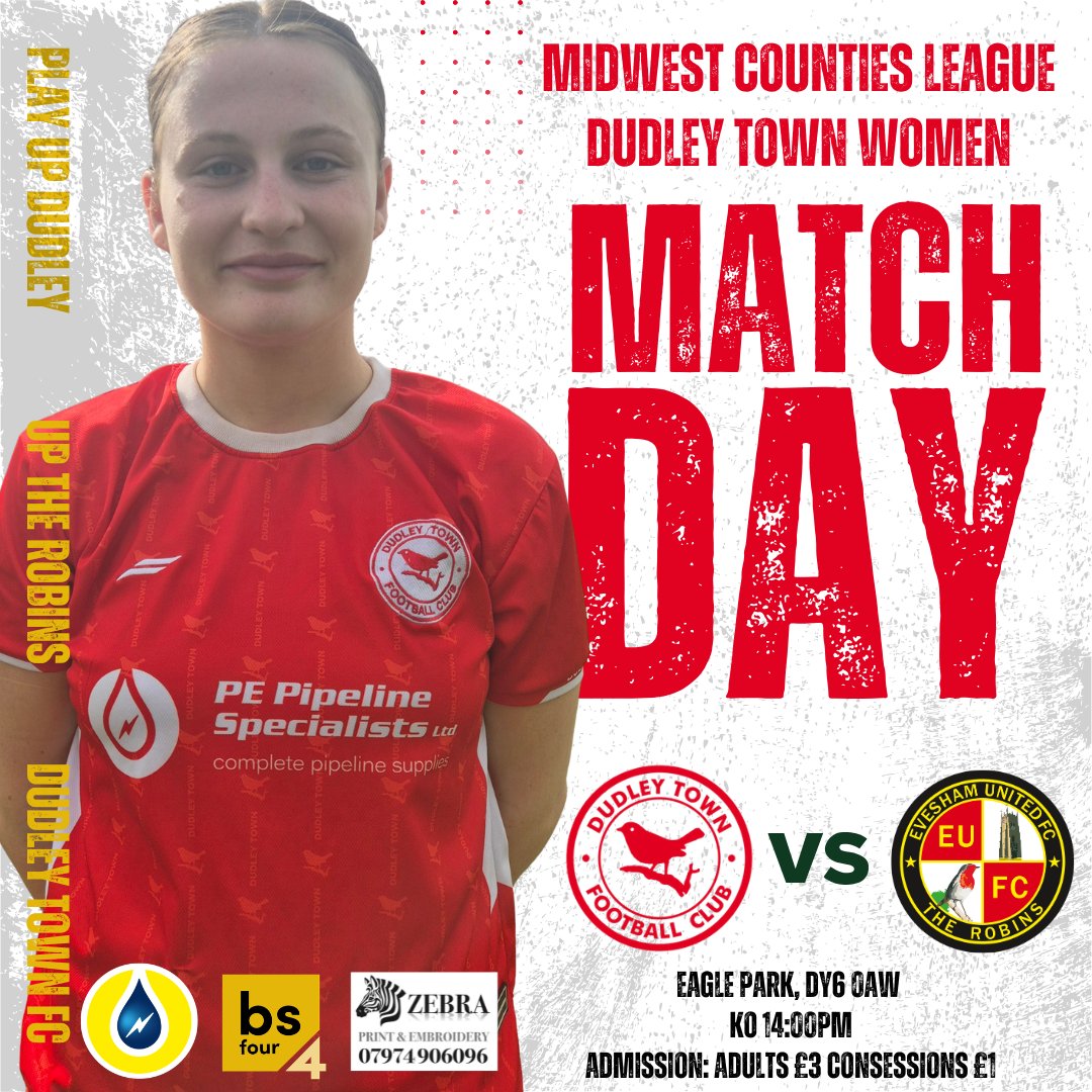 DTWFCOfficial's tweet photo. It's Match Day!
π @EveshamLadiesFC
π 2 PM KO
π Eagle Park DY6 0AW
π« Adults Β£3 Consessions Β£1
Come and show the ladies your support! β€οΈ
#DudleyTownWomenFC #DudleyTownFC #DTWFC #DTFC #UpTheRobins #PlayupDudley https://t.co/ALUPQCHJtJ