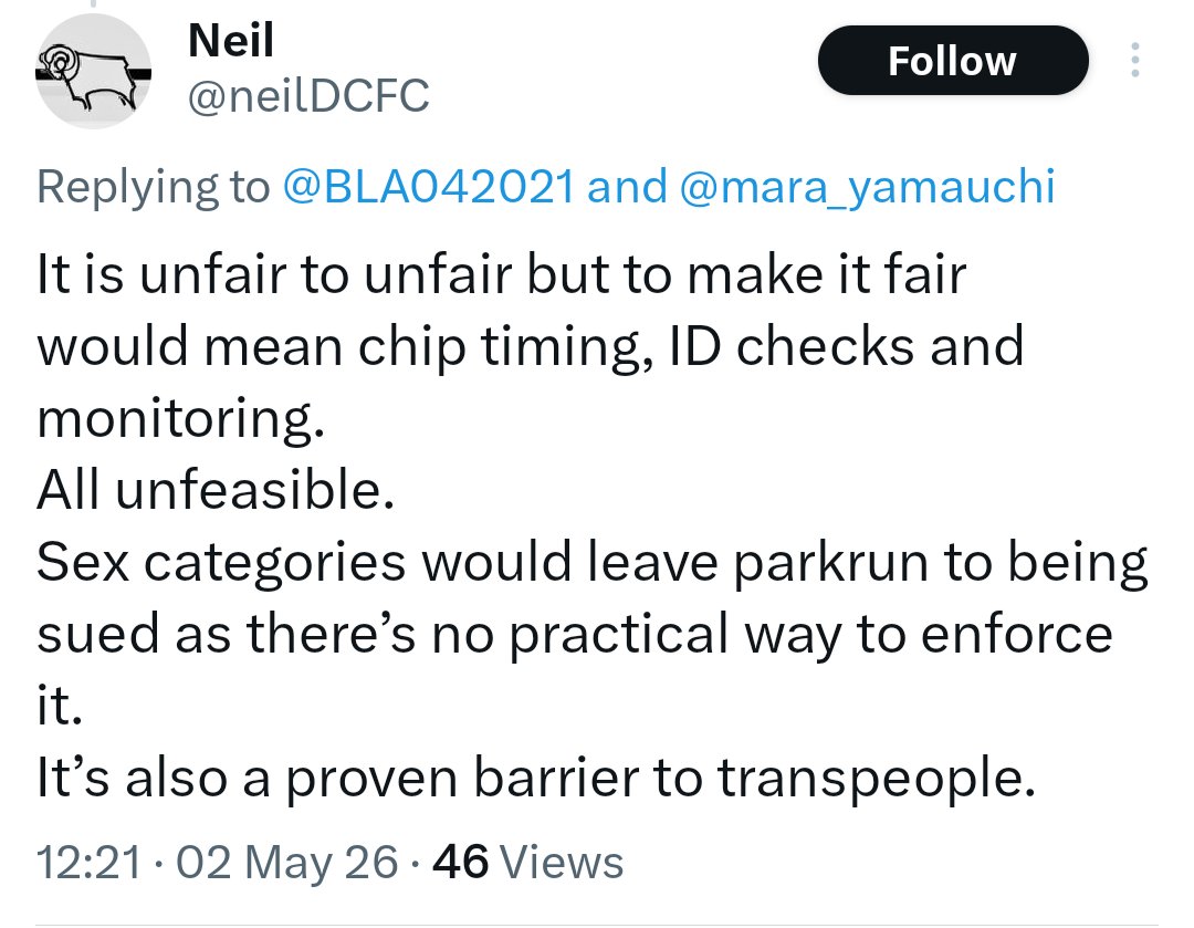 No it wouldn't Neil 🙄. You ask people to register by sex. You trust people to register by sex. If there is a discrepancy you can ask for ID (after the run) If the complaint is upheld you remove that person's results. You don't need to ID everyone.