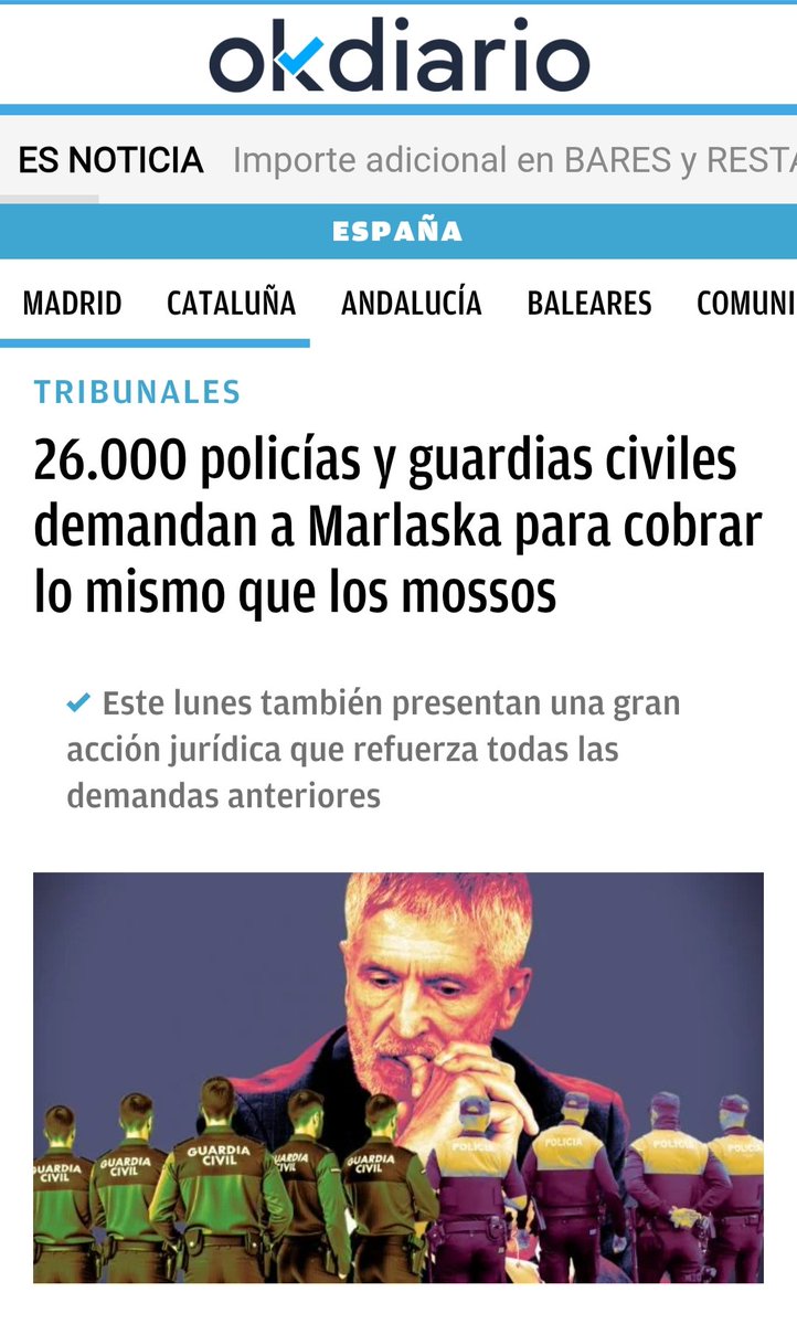 🗞️Vía OkDiario
okdiario.com/espana/26-000-…

*🚨#EquiparaciónREAL HARA QUE LOS👮‍♂️👮‍♀️TOMEN EL CONTROL Y LOS AYUDAREMOS A HACERLO.*

*🔴 26.000 Policías y Guardias Civiles demandan a Marlaska para cobrar lo mismo que los mossos*

*"Este lunes, este colectivo integrado en Movimiento