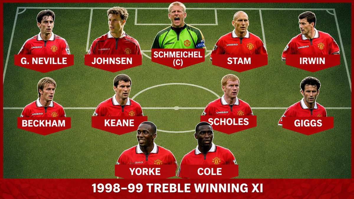Careerm0deking's tweet photo. I NEED YOUR HELP ‼️ I want to recreate this Manchester United team in FC26 with CURRENT PLAYERS. Everyone matching the attributes to United’s treble winning squad. Give me names of players who fit the bill and you may feature in my YouTube video COMING SOON! #manunited #fc26 https://t.co/Wwj8rUZwUU