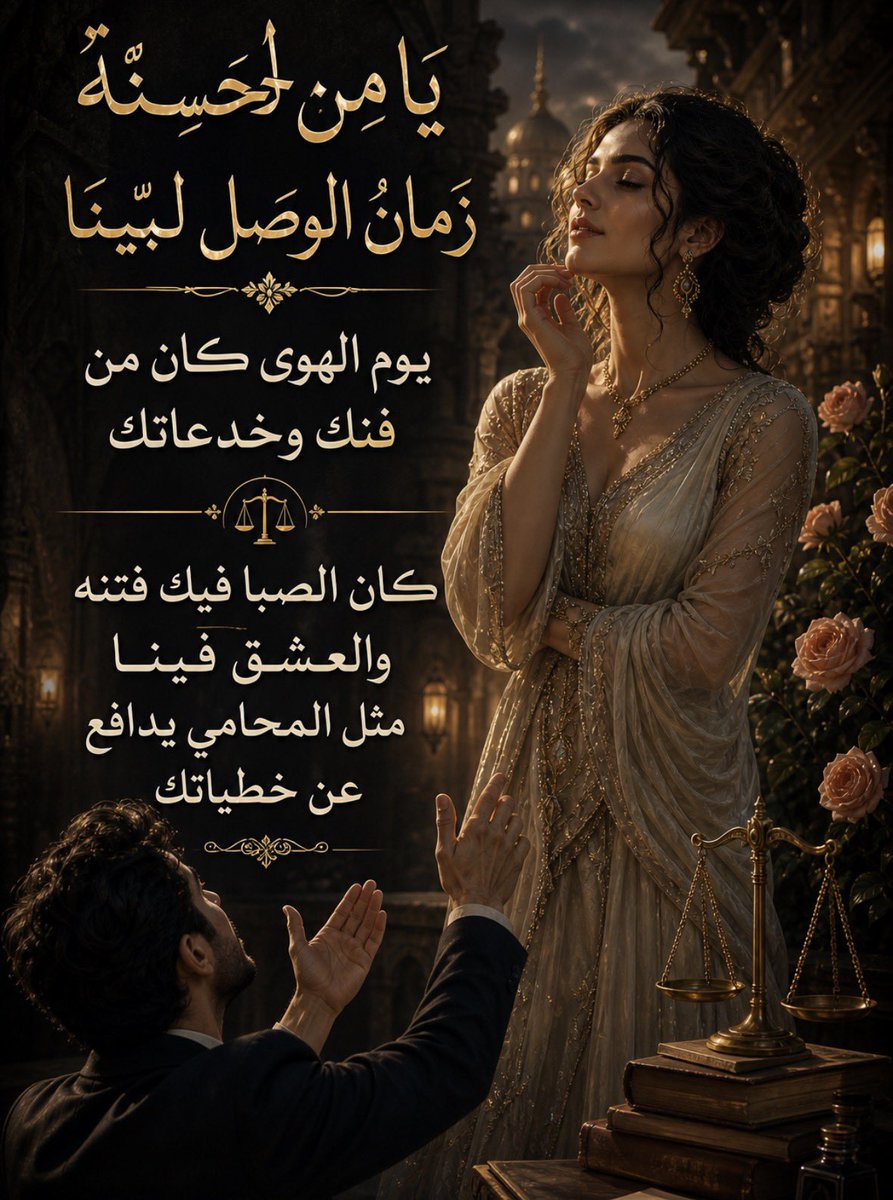 يا من لحسنهْ .. زمانْ الوصل لبّينا 
يوم الهوى كان من فنّك وخدعاتك
كان الصبا فيك .. فتنه والعشق فينا
مثل المحامي يدافع عن خطياتك