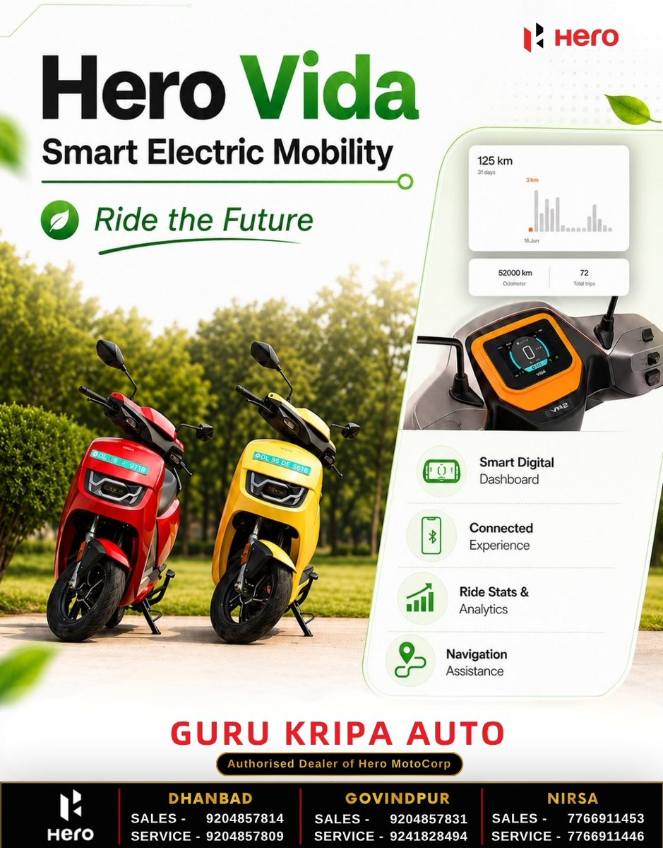 gurukripahero21's tweet image. Hero Vida: Ride the Future! 🛵⚡
Experience smart electric mobility.

Smart Tech: Digital dashboard &amp;amp; navigation.

Stay Connected: Real-time analytics.

Guru Kripa Auto (Hero MotoCorp Dealer)

#HeroVida #GuruKripaAuto #ElectricScooter #Dhanbad #HeroMotoCorp #GoGreen