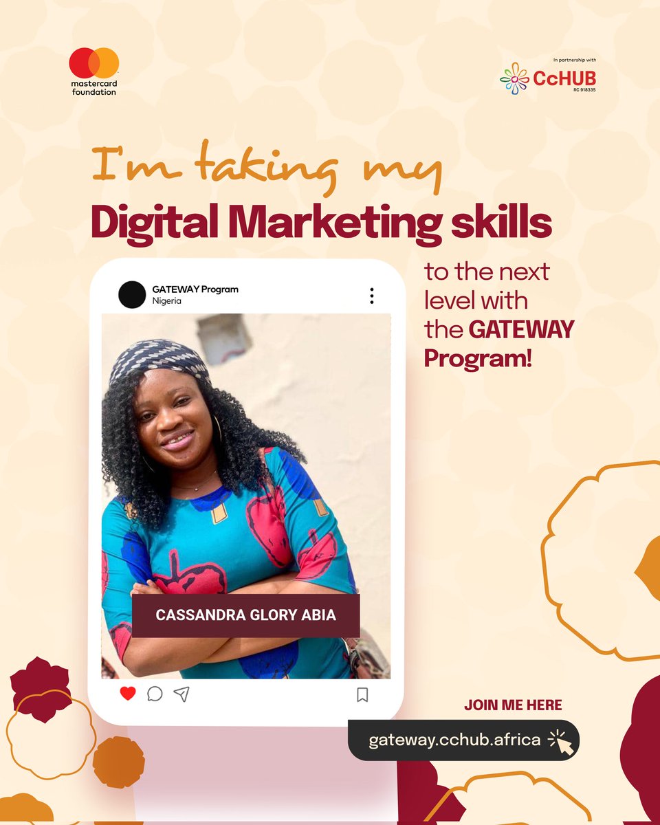 GloryCassandra's tweet image. Excited to start the @Cc_HUB @MastercardFdn Program’s GROWTH course! 🚀
Grateful for this opportunity to level up my Digital Marketing skills, secure gigs, and grow as an entrepreneur.
Can’t wait to apply everything I’ll learn!

#GATEWAYProgram #DigitalMarketing  #CcHUB