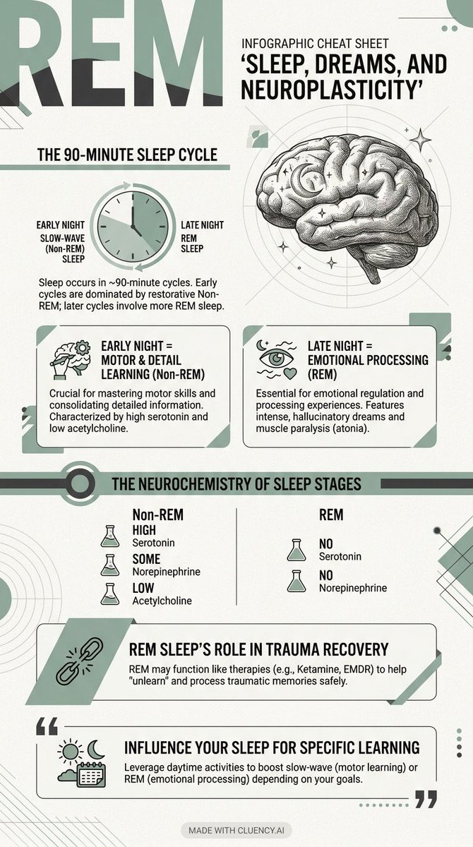 cluencyai's tweet image. @hubermanlab says motor learning happens mostly during slow-wave sleep, early in the night. Good to know for skill acquisition! Made with @cluencyai

#sleep #learning #neuroscience #hubermanlab