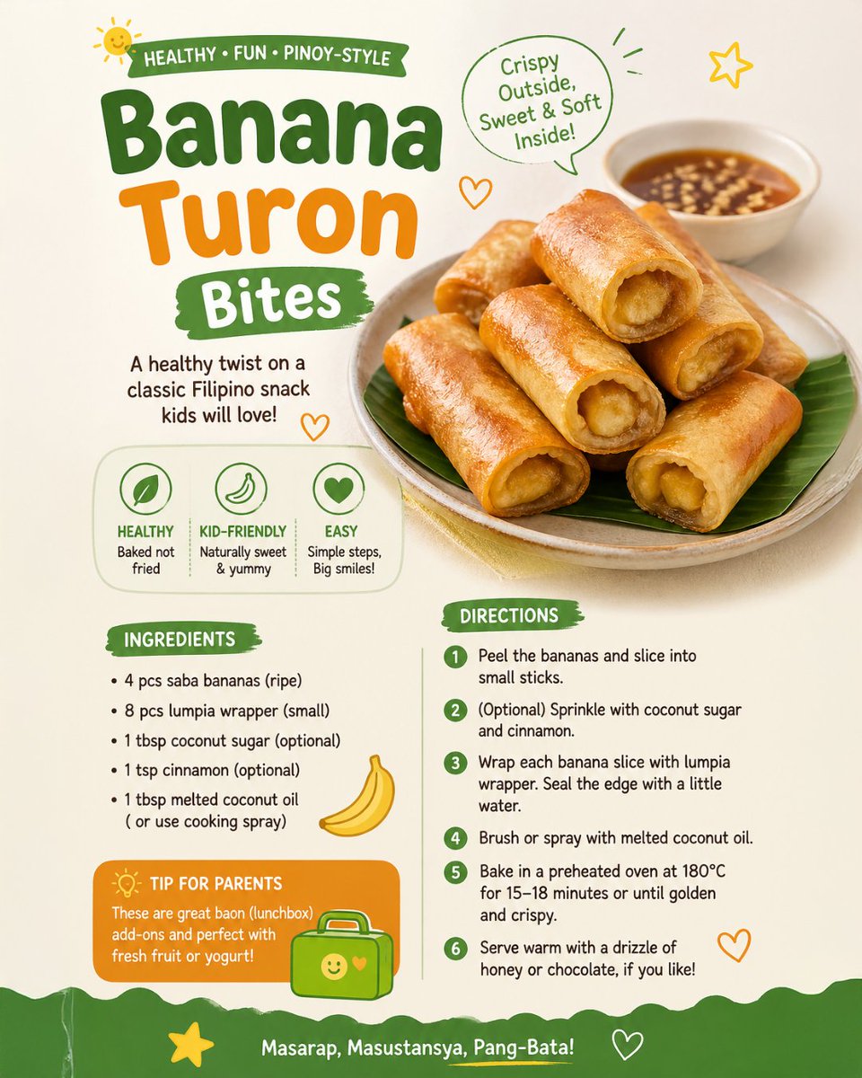 easyDNAph's tweet image. Snack time just got healthier AND more fun!
Try these Banana Turon Bites — a kid-approved Filipino favourite with a healthy twist.
Crispy on the outside, naturally sweet on the inside… perfect for little hands and big smiles!
#HealthyKids #DNA #recipe