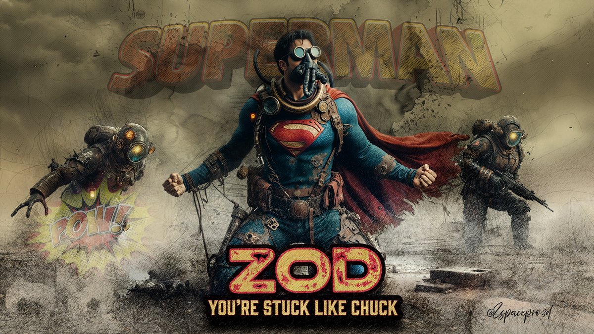 zspacepro3d's tweet image. Superman assures General ZOD, "He's Stuck Like Chuck" - quoting Judge Fleischer AKA The Hammer #Digitalart #Superman #AI  #Comics Stan Lee