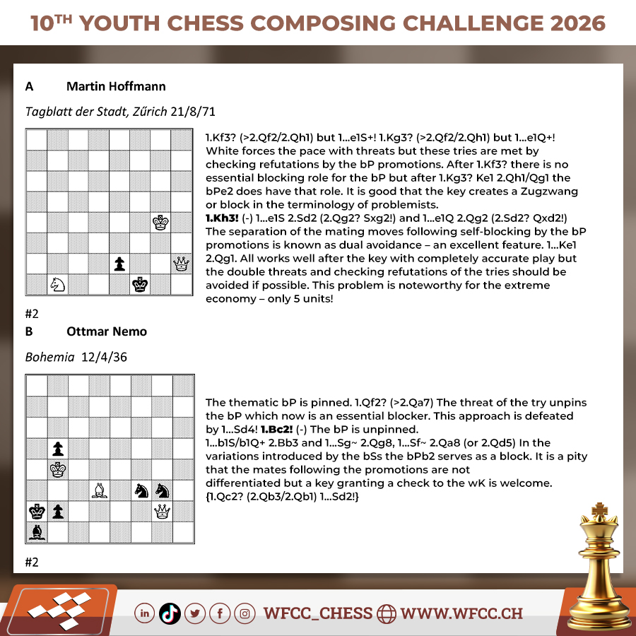 Wfcc_Chess's tweet image. 10th YCCC 2026 launched
Full Article: wfcc.ch/10th-yccc-2026…

#chess #wfcc #chessproblem #threemover #solving #composition
