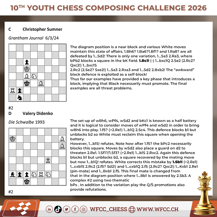 Wfcc_Chess's tweet image. 10th YCCC 2026 launched
Full Article: wfcc.ch/10th-yccc-2026…

#chess #wfcc #chessproblem #threemover #solving #composition