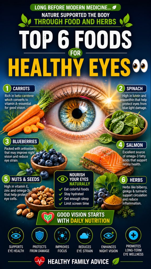 HeathyFamily's tweet image. Support your eyes 👀

Carrots • greens • fish

Simple habits matter.

👉 Follow Healthy Family Advice for more tips

#EyeHealth #Wellness