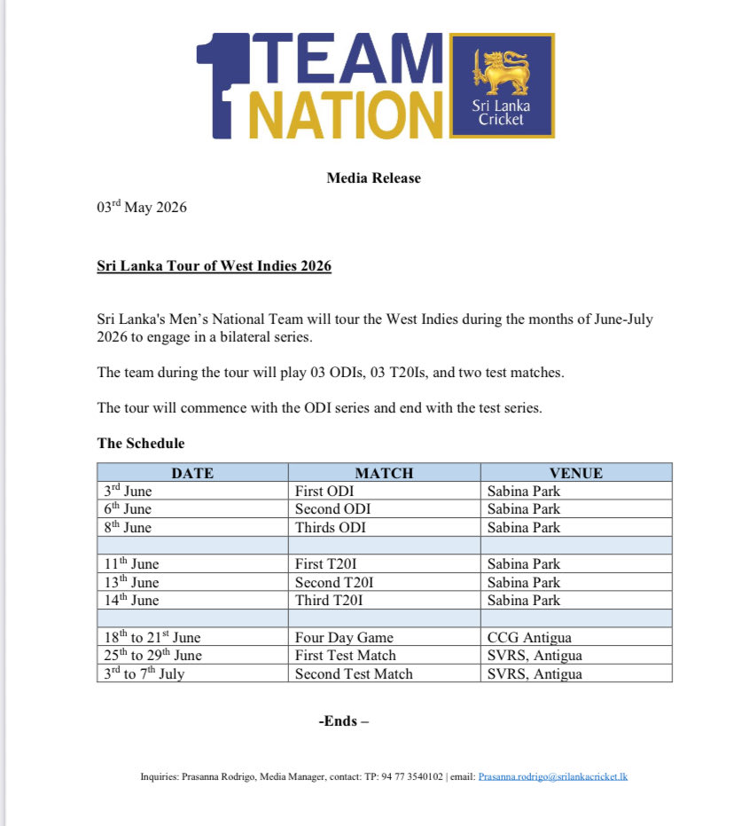 🇱🇰 Sri Lanka Tour of West Indies 2026 🚨

3 ODI’s , 3 T20I’s  &amp; 2 Test 

3rd June to 7th July in WI 

#sportspavilionlk #danushkaaravinda #SLvsWI #WIvsSL #fypシ゚viralシfypシ゚viralシal