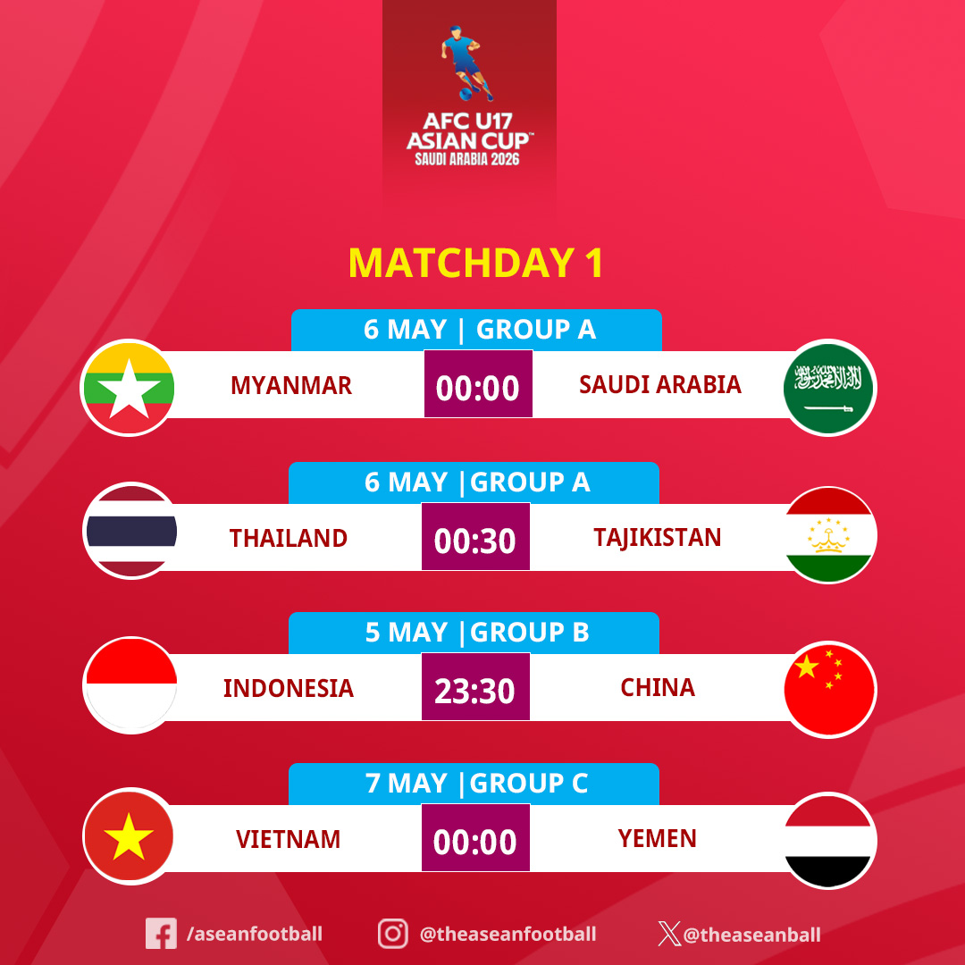 theaseanball's tweet image. 📅AFC U17 ASIAN CUP 2026 | Match day 1

🕖GMT+7

00:00(6/5) | Myanmar 🇲🇲 🆚 🇸🇦 Saudi Arabia
00:30(6/5) | Thailand 🇹🇭 🆚 🇹🇯 Tajikistan

23:30(5/5) | Indonesia 🇮🇩 🆚 🇨🇳 China
00:00(7/5) | Vietnam 🇻🇳 🆚 🇾🇪  Yemen

#AFC #U17AC