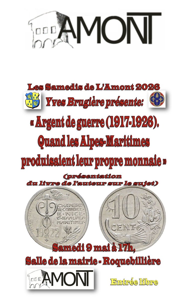 cnumisnice's tweet photo. Conférence sur les émissions de nécessité de la Chambre de commerce de Nice et des À.M. qui évitèrent l’asphyxie du petit commerce durant la Première Guerre mondiale le samedi 9 mai à 17 h à Roquebillière. Entrée libre. https://t.co/b6PlK8k2vq