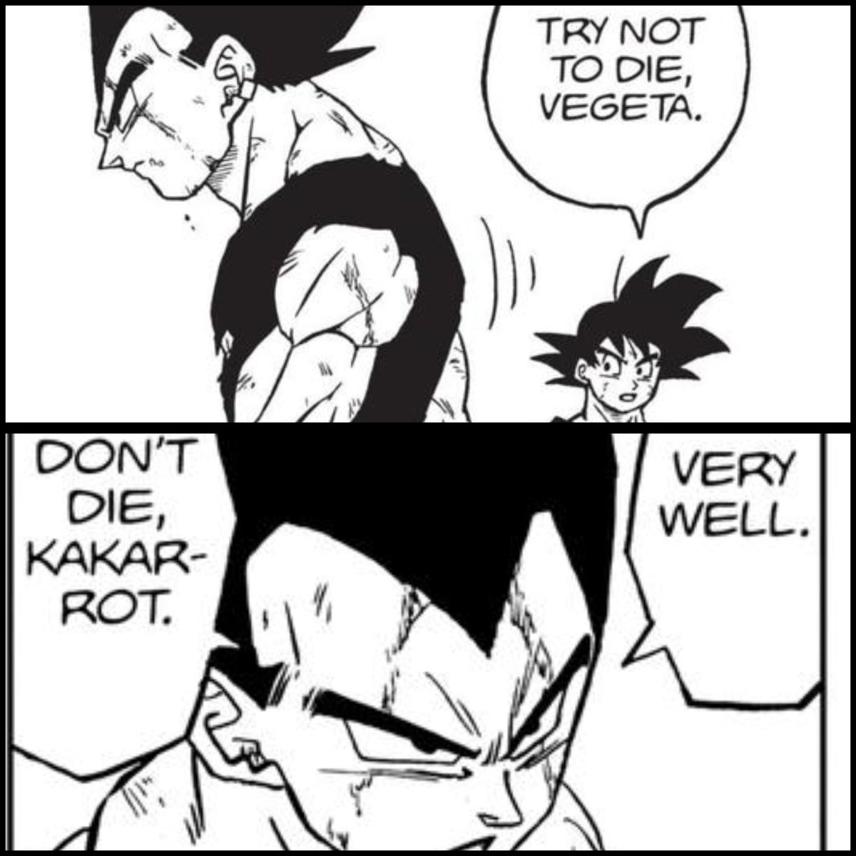 Spidey007129158's tweet photo. These two mean much more than just rivalry or friendship, it goes beyond both.

Goku: “Try not to die, Vegeta.”
Vegeta: “Very well. Don’t die, Kakarot.”

#DragonBallSuper #ドラゴンボール超 https://t.co/LsHNgaGlkK