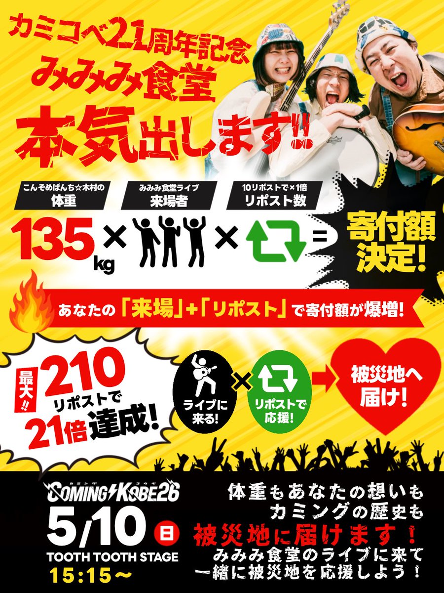 【カミコベ21周年記念
みみみ食堂 本気出します🔥】

／
木村の体重135kg × みみみのライブ来場数 × 0~21倍=みみみ食堂が全額募金！
＼

リポスト10件につき×1倍(最大210RPで21倍)！あなたの「来場」+「リポスト」で被災地に応援が届く！

カミコベの歴史を集結させたいわよ！

#木村の体重を被災地へ