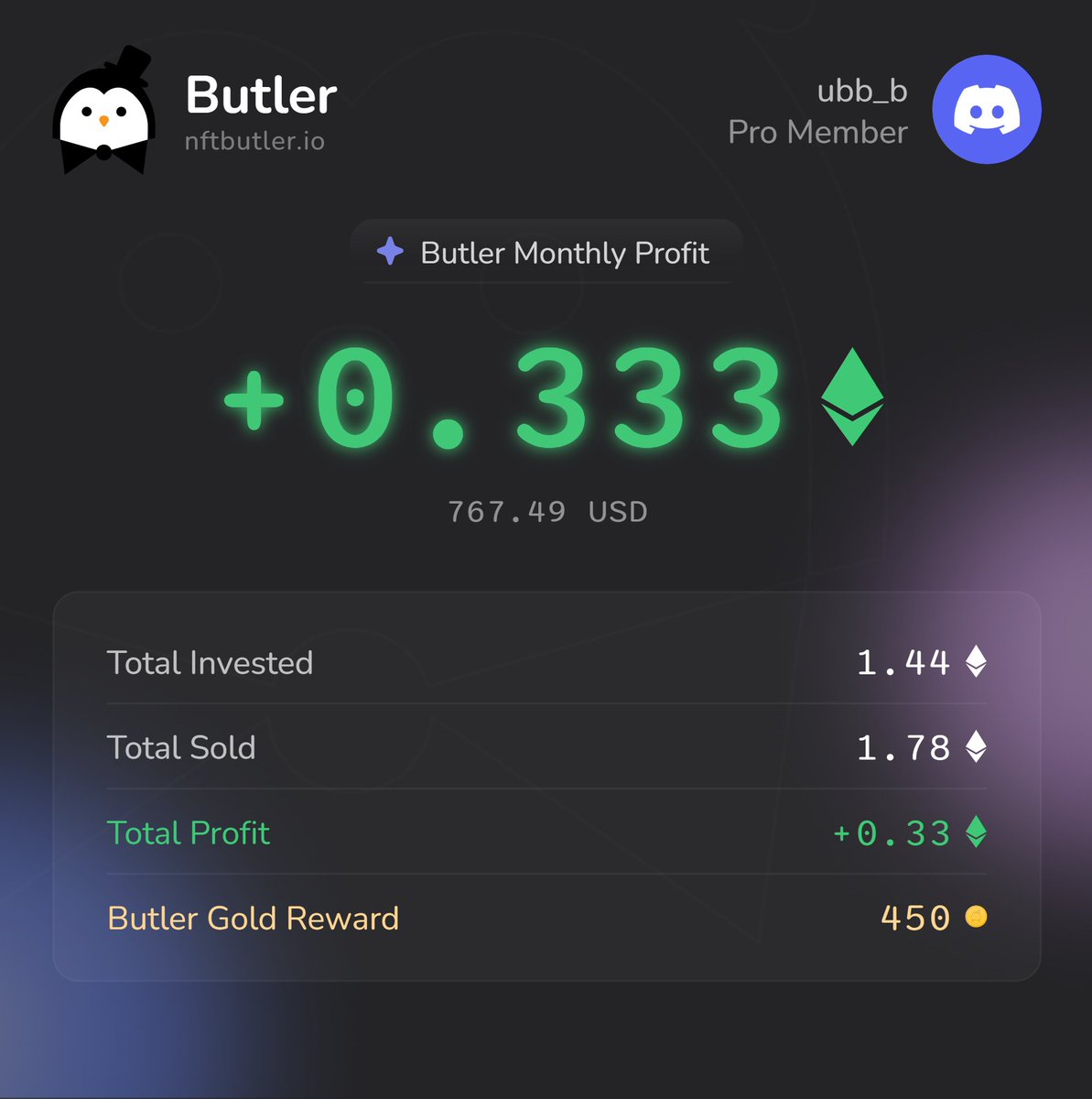 poseidonftt's tweet image. 0.333 Ξ in profit made in the last 3 days using @nftbutler 💰📈

Sharing on X to grab my extra 450 Butler Gold 🟠
Bidding’s a breeze with NFT Butler in my arsenal!  🐧

#NFT #NFTCommunity #NFTButler

nftbutler.io