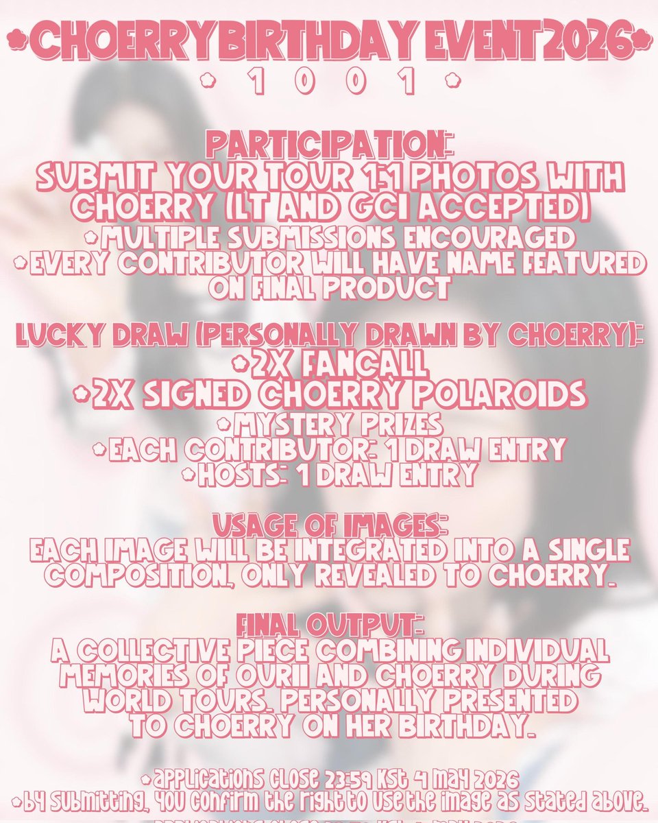 loonatheph's tweet photo. [#Choerry1001] Just over a day left to participate in Choerry's birthday fanproject this year!

If any of our fellow Filo Orbits/OURII has had the chance prior to take a photo with Choerry during Geand Club Icarus or Lunar Theory, you can participate in the event!

Alternatively, you can spread the word to your friends! Let's make this birthday project a special one for Choerry! 💜

Form: https://t.co/n2qRaUNNpm