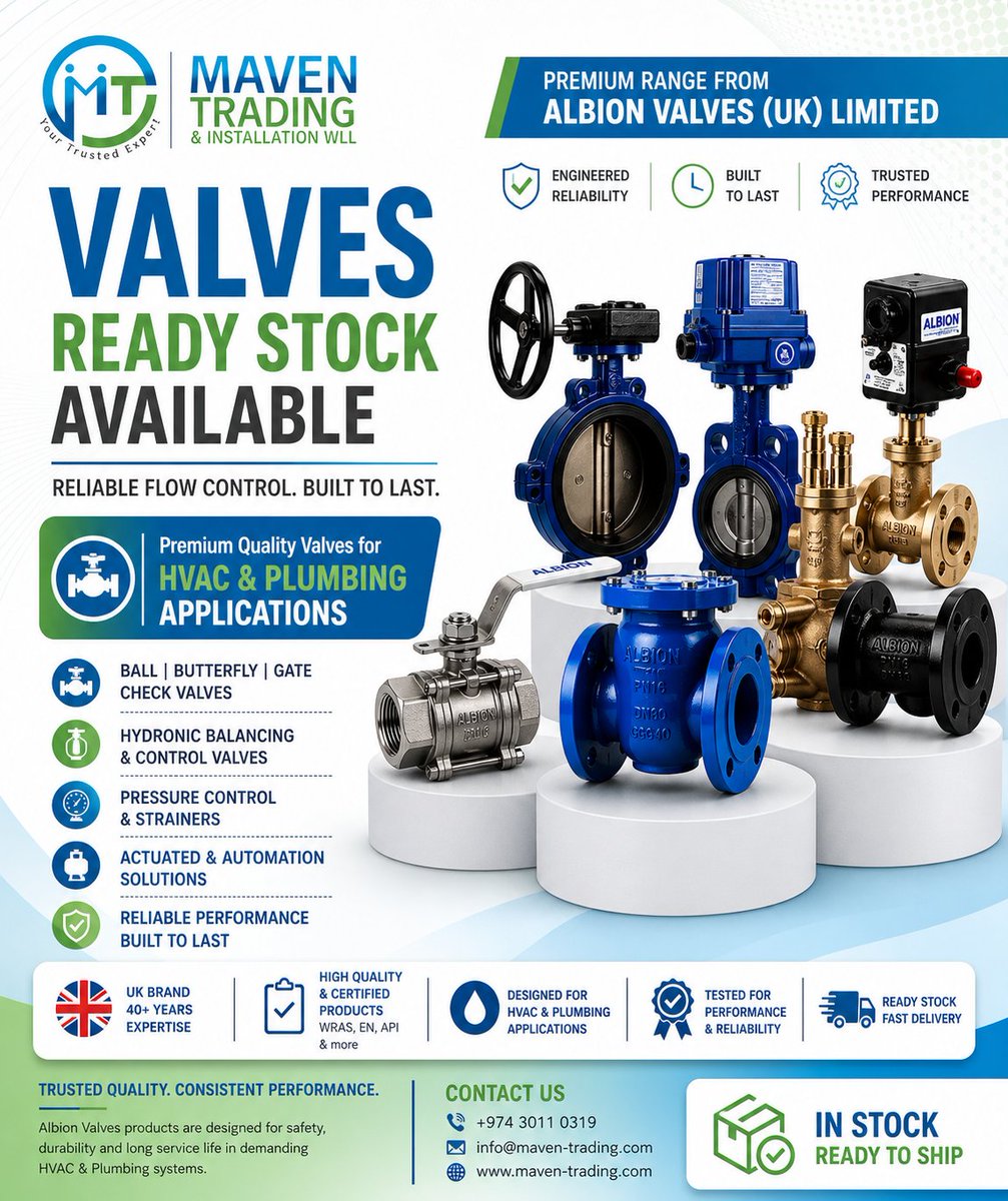 TradingWll's tweet photo. Premium Albion Valves (UK) in stock!

Reliable valves for HVAC &amp; plumbing.

🚚 Fast Delivery | 📞 Contact us
#MavenTrading #HVAC #Valves #ReadyStock https://t.co/vzwSoGlyOa
