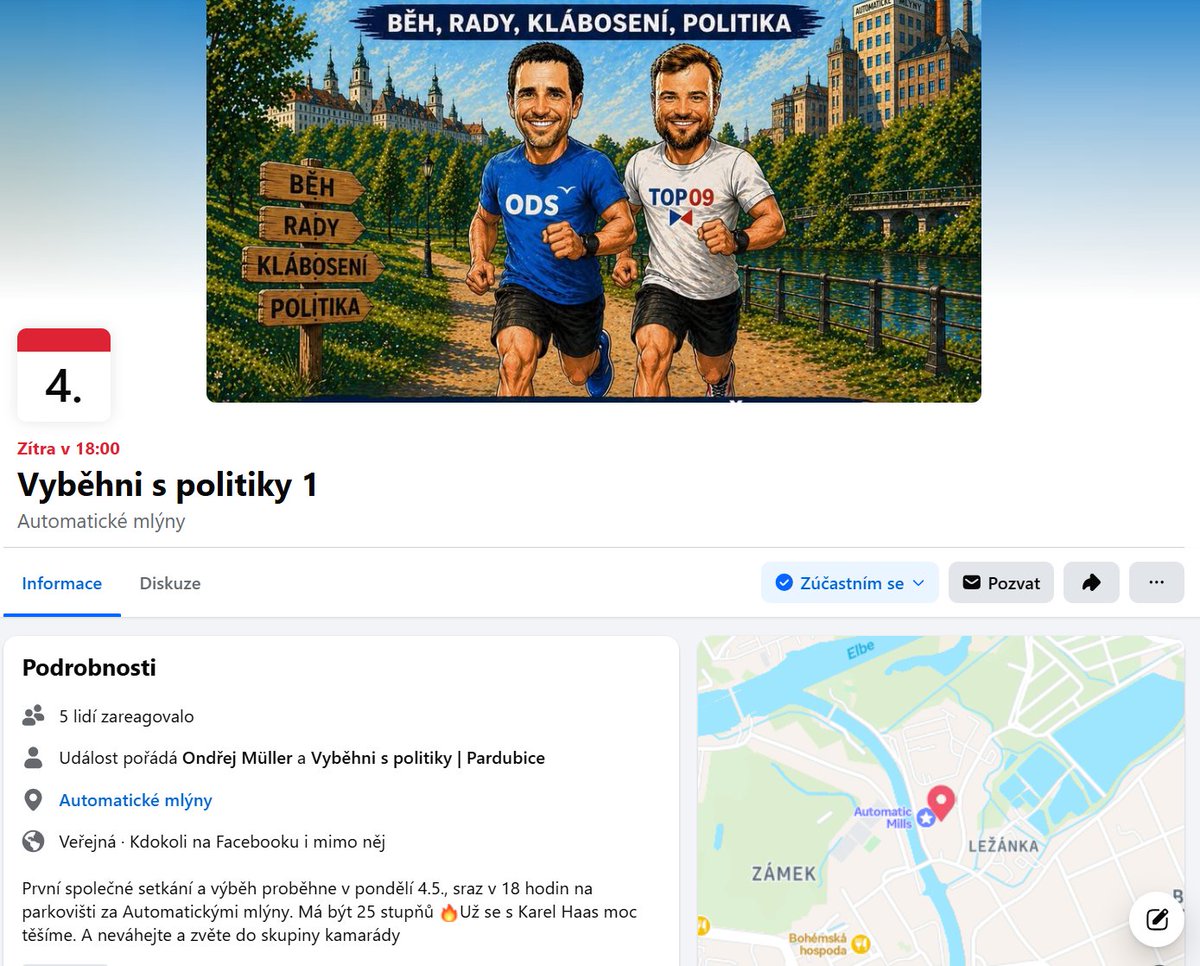 karel_haas's tweet image. Tři, dva, jedna, START🏃‍♀️🏃🏃‍♂️😊‼️. První společné proběhnutí již zítra, v pondělí 4. 5. 2026. Sraz v 18.00 hod.🕕 na parkovišti za Automatickými mlýny (před parkem Na Špici)📍. Link na událost na FB: fb.me/e/cxRdnmnWg

#Pardubice #Sport #Běh #SportJeNej #BěhJeNej