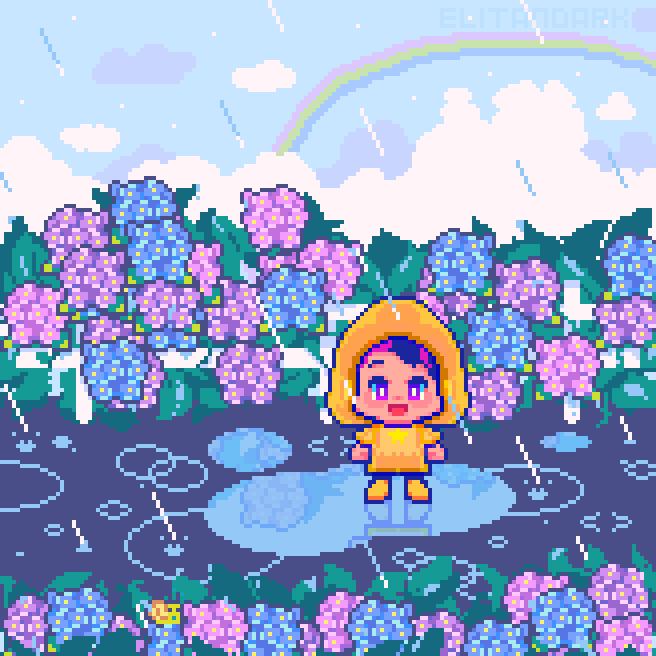 EliTanDark's tweet image. It’s a rainy day 🌧️✨
Hydrangeas, puddles and a little rainbow ☔🌈🫧
#PixelArt #ドット絵