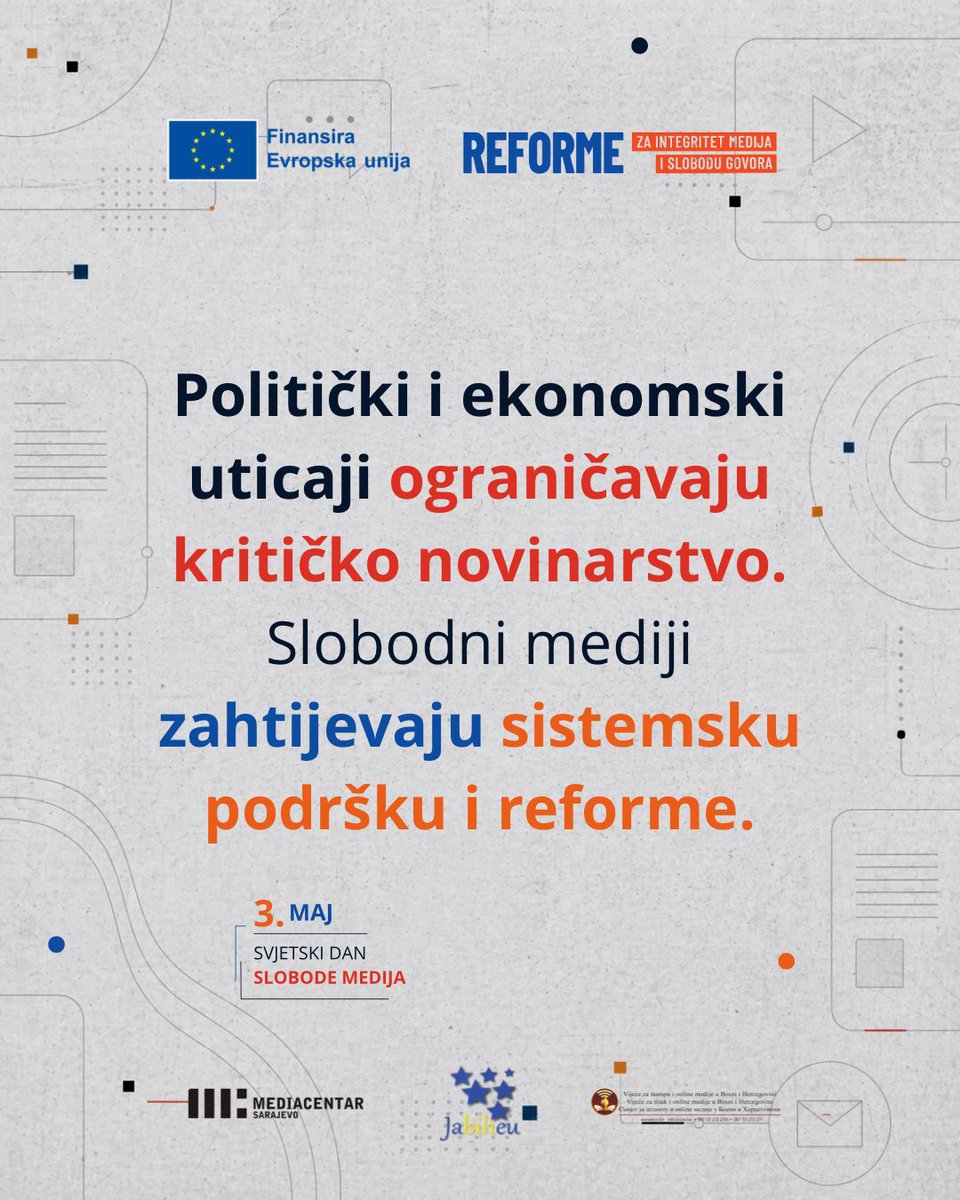 NGOjabiheu's tweet photo. ➡️ Mediji u BiH suočavaju se i s pravnim i ekonomskim pritiscima. Finansijska nesigurnost otežava rad nezavisnih medija, dok politički uticaji dodatno sužavaju prostor za kritičko izvještavanje. Istovremeno, stagnacija reformi i pravni pritisci povećavaju rizik od autocenzure. https://t.co/mvzhwmmFHK