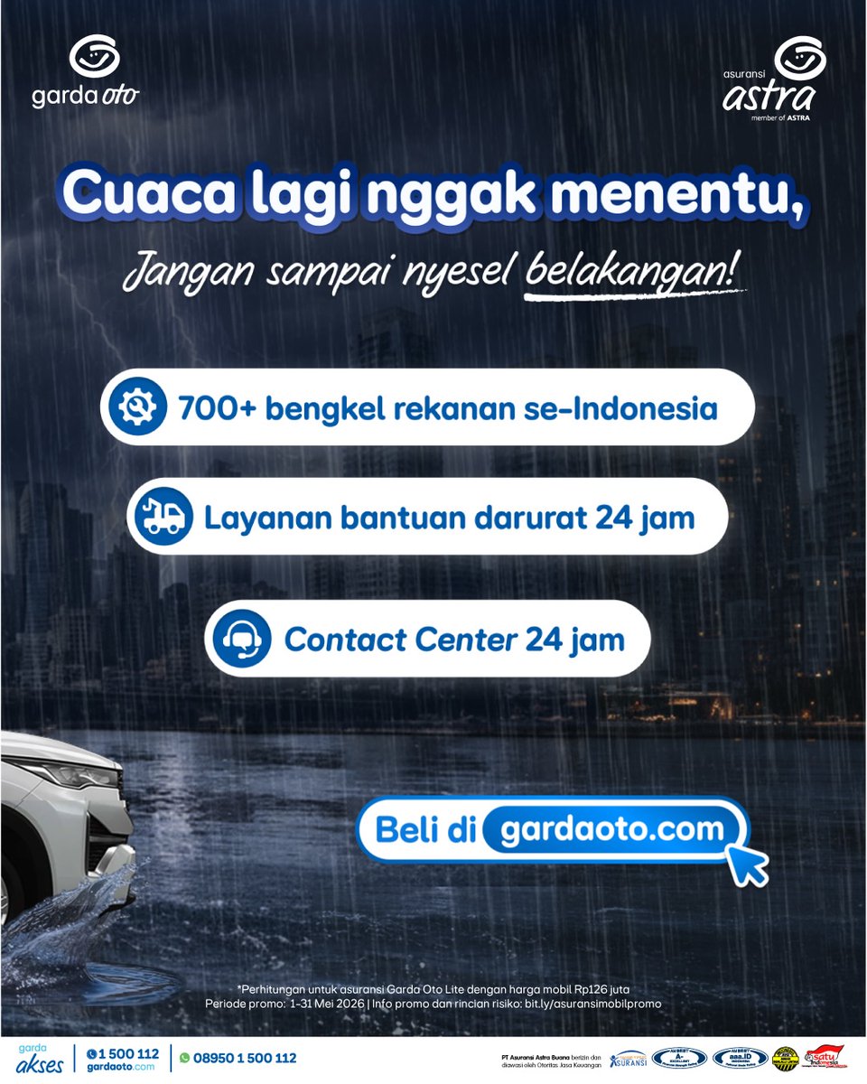 GardaOto's tweet photo. Musim hujan = risiko di jalan makin tinggi.

Mulai dari genangan, jalan licin, sampai hal-hal yang nggak terduga. Makanya penting punya perlindungan kendaraan yang siap 24 jam.

Garda Oto bisa jadi solusi kamu.
Mulai Rp198 ribu/bulan 🚘 https://t.co/GzPUhkU0m2