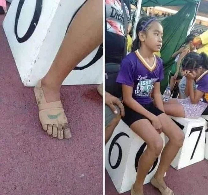 Rainmaker1973's tweet image. This is Rhea Bullos, she's 11 and couldn't afford to buy sport shoes to compete, so she covered her feet with plasters and drew Nike logo on them. And guess what, she won 3 gold medals (400, 800 and 1500m)