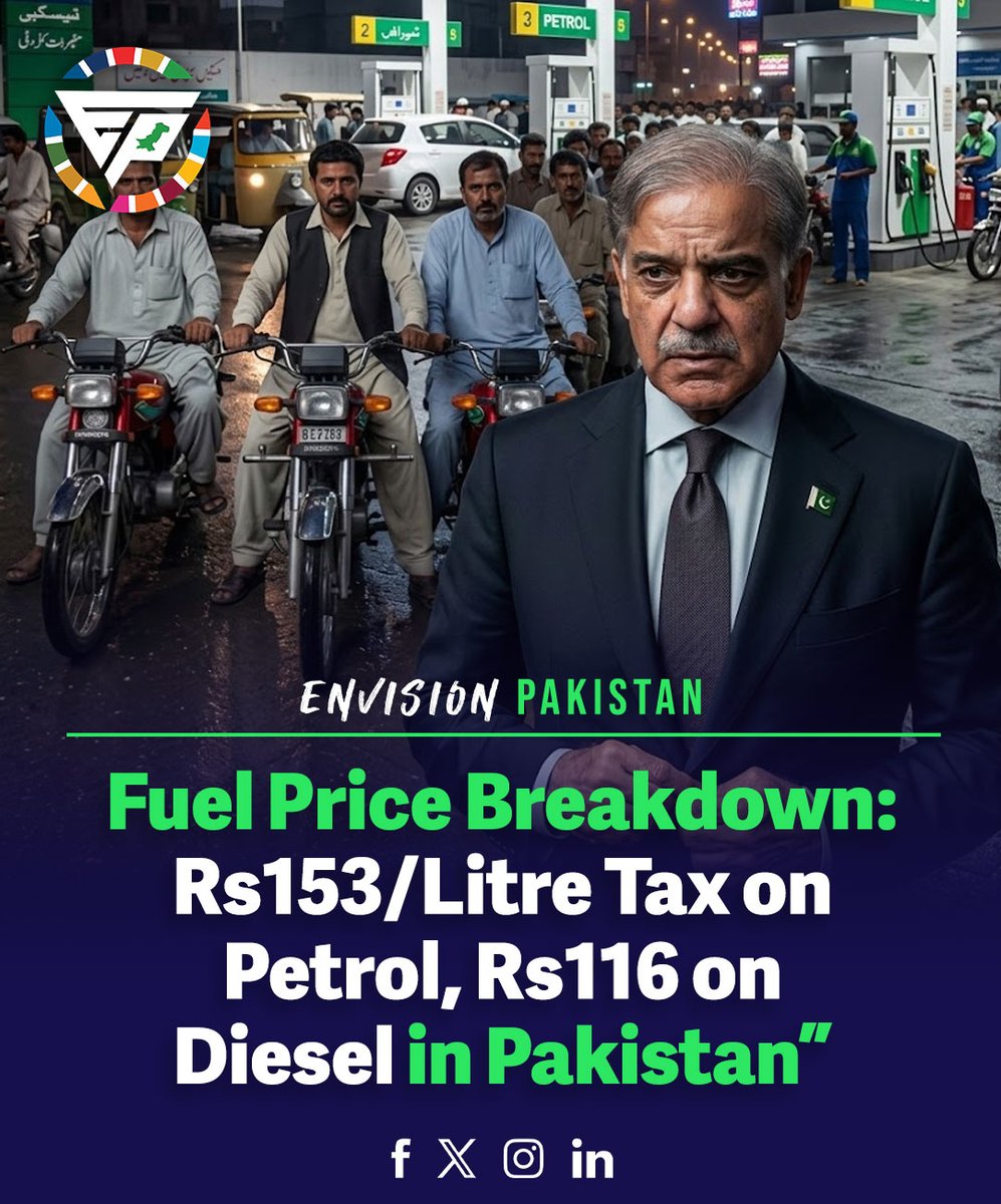 EnvisionPak's tweet image. ⛽🚨 Fuel Price Breakdown in PakistanRs153/litre tax on petrol 💸
Rs116/litre on diesel 📊
Big burden on public ⚠️#FuelPrices #PakistanEconomy #Inflation #PetrolPrice #EnvisionPakistan