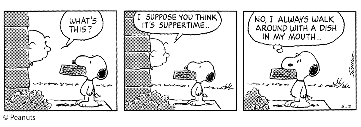 zip_palette's tweet image. 📚[PEANUTS DICTIONARY #1055]📚

本日のフレーズ
「NO, I ALWAYS WALK AROUND WITH A DISH IN MY MOUTH..」
(1998年5月2日)

違うよ。ぼくはいつも口に皿をくわえて歩き回っているんだ…
#zipfm #PEANUTS #まぎぱれ #PD #スヌーピー