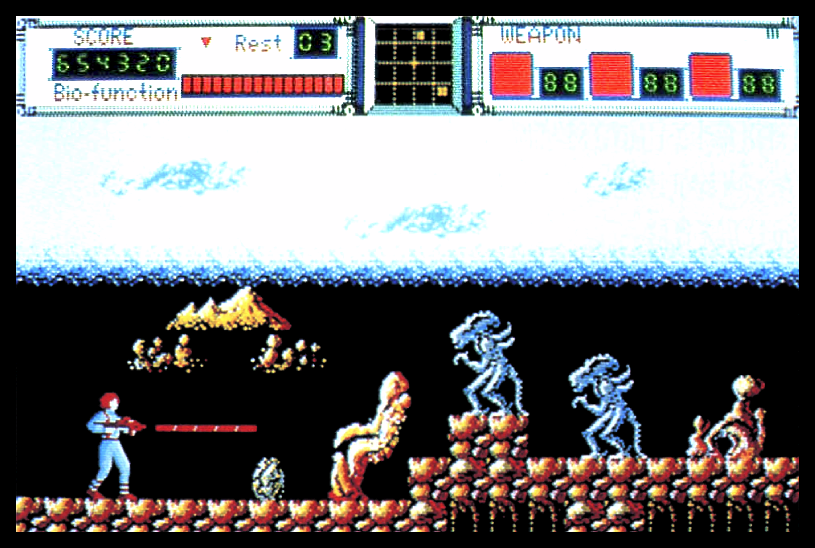 Here's graphics from the unreleased PC-88 version of Aliens: Alien 2, taken and cleaned up from old Japanese computer magazines. Square also advertised the game coming for the X1, FM77AV, MSX, and FDS, but ultimately only the MSX version came out (there exist a FDS prototype).