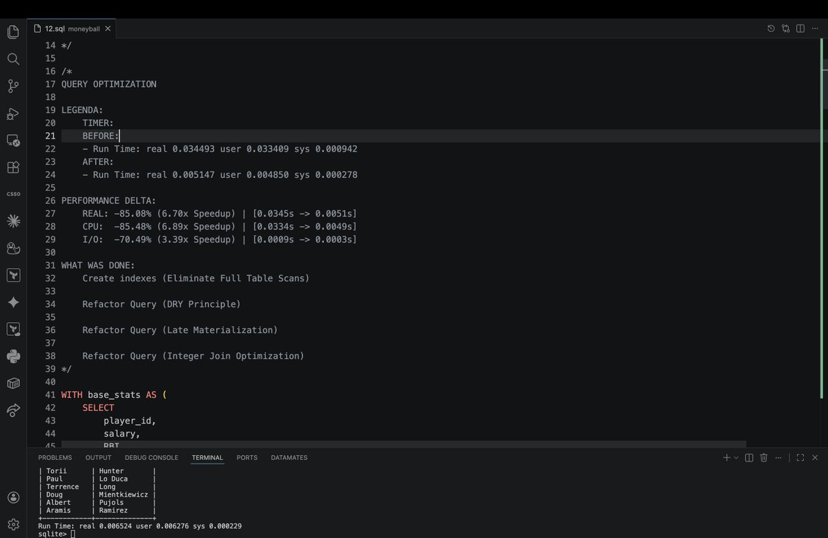 burundu4ok2000's tweet image. Optimized a complex SQL query with an 85% reduction in CPU &amp;amp; 6.7x faster wall-clock time.

Applied: 
🔹Late Materialization 
🔹 Index-Only Scans 
🔹 Integer Joins (RIP INTERSECT)
Engineering at the edge of the silicon. 🛠️
#DataEngineering #SQL #Performance #SQLite