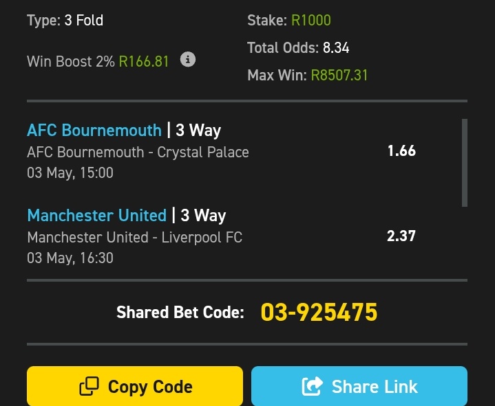 Copy my betslip:easybet.co.za/sports?bookedB…

✅Sign up using my promo code

💰 UBHUTI50  to get a R50 Sign up bonus + 25 bonus spins 

✅️Join here :ebpartners.click/o/6G7yOu?lpage…

18 + | T&amp;CS Apply