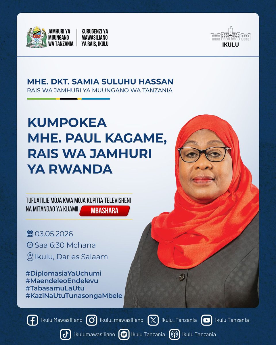 ikulumawasliano's tweet photo. Fuatilia matangazo ya moja kwa moja kupitia akaunti zetu za Instagram: ikulu_mawasiliano, Facebook: Ikulu Tanzania Facebook fanpage: Ikulu Mawasiliano, Twitter: ikulu_Tanzania Youtube Channel:
Ikulu Tanzania na Tovuti: https://t.co/wmldPXYfck
#TanzaniaYetuSote
#NchiYetuKwanza
#MaendeleoEndelevu