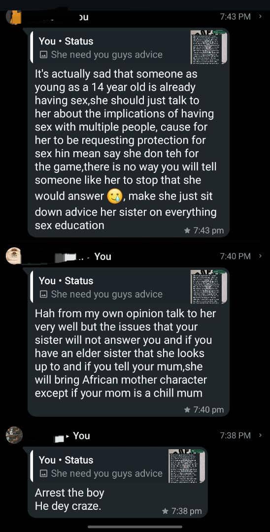 Popsyadonis's tweet photo. A lady shares her experience with her 14 yrs old sister that has boyfriend already… seeking for what to do ? https://t.co/M8vsR1oGj6