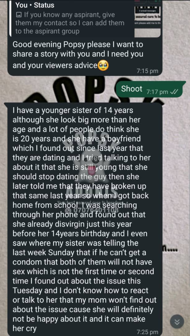 Popsyadonis's tweet photo. A lady shares her experience with her 14 yrs old sister that has boyfriend already… seeking for what to do ? https://t.co/M8vsR1oGj6