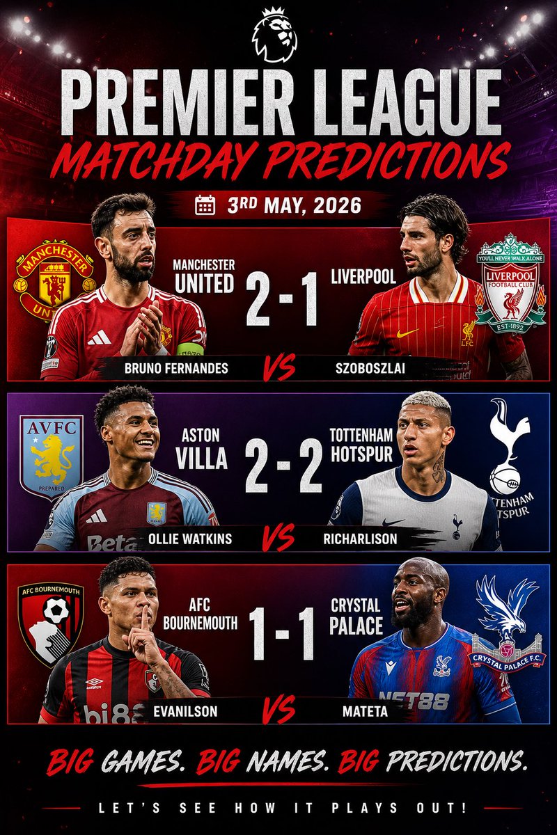 Ronnielworld's tweet image. Predictions locked in 🔒🔥
Big games, bold calls… let’s see who delivers.

#PremierLeague #ManUnited #Liverpool #AstonVilla #Tottenham #Bournemouth #CrystalPalace #Matchday #Football #Predictions