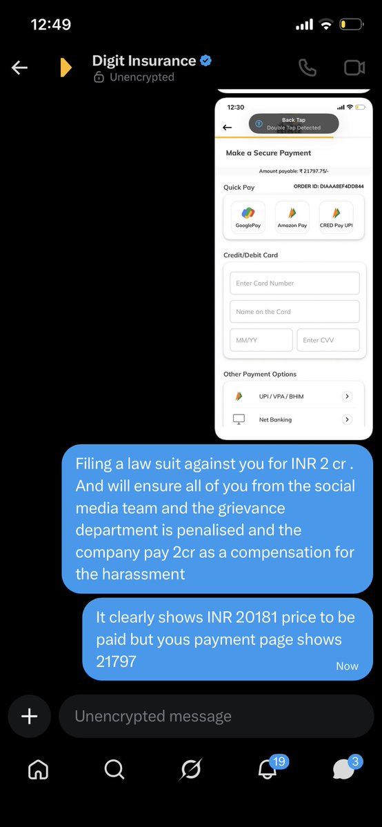 anshiedbhandi's tweet image. @heydigit @DigitCare @IRDAI_Official @irdaindia @FinMinIndia @DFS_India @vijayshekhar @jagograhakjago @thebharatseva @consumerforum_  requesting #ministry to please intervene and ban this company for #illegal practises. Godigit should be immediately closed @imVkohli take a note.