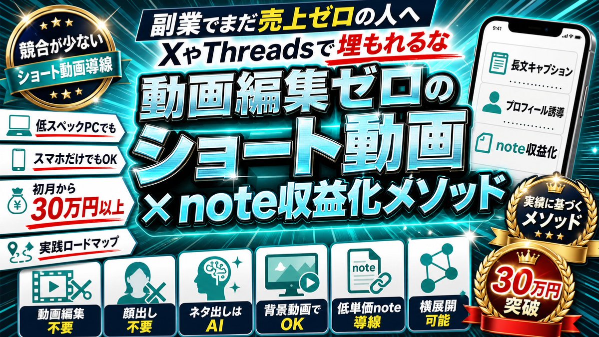ショート動画×note
実はめちゃくちゃアツい件

初月30万円以上まで到達
さらにコンサル生も、わずか数日で
note売上8万円突破!
でもやったことはぽちぽち文字打つだけ
動画編集？むしろ逆

ショート動画なのに
動画をメインにしない
メインにするのは

キャプション
