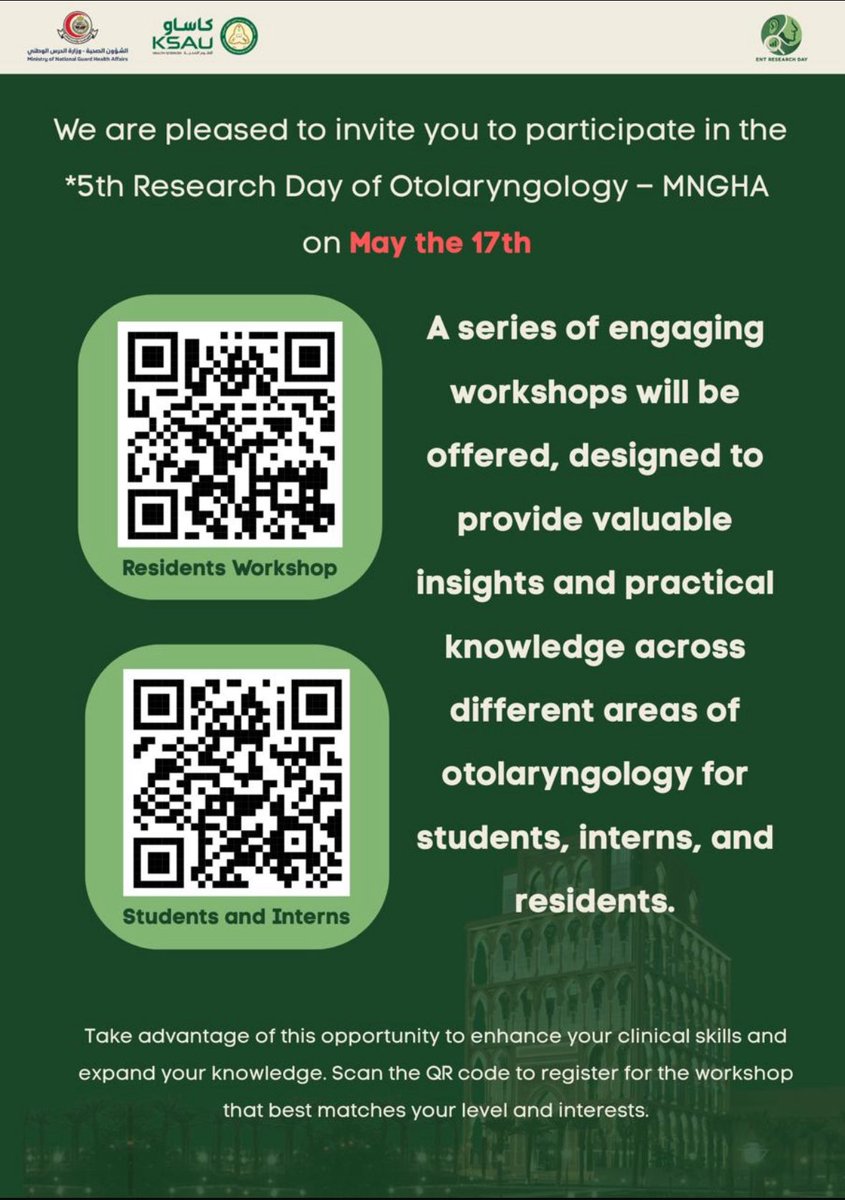 In Our 5th otolaryngology Research Day on 17th May 2026.

We are excited to announce two specialized workshops for residents focusing on office based procedures in laryngology.  

In addition, we are offering an engaging endoscopy activity tailored for students.