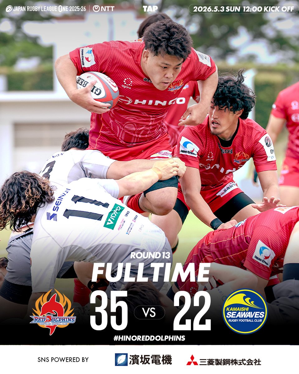 hinoreddolphins's tweet image. 🔴🐬
本日、SpoLiveの試合速報で不具合が発生しておりました。
ご覧いただきました皆さまには、ご不便をお掛けしまして大変申し訳ございませんでした。

公式記録は以下よりご覧ください。
league-one.jp/match/29414/pr…

#日野レッドドルフィンズ
👏#TAP👏#ラグビー