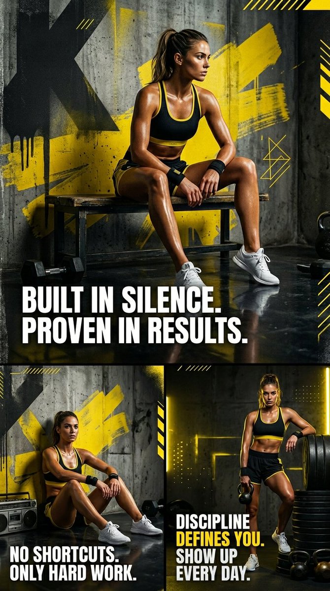 Cinematic Triptych Fitness Poster in Bold Black and Yellow - PromptGather image 1