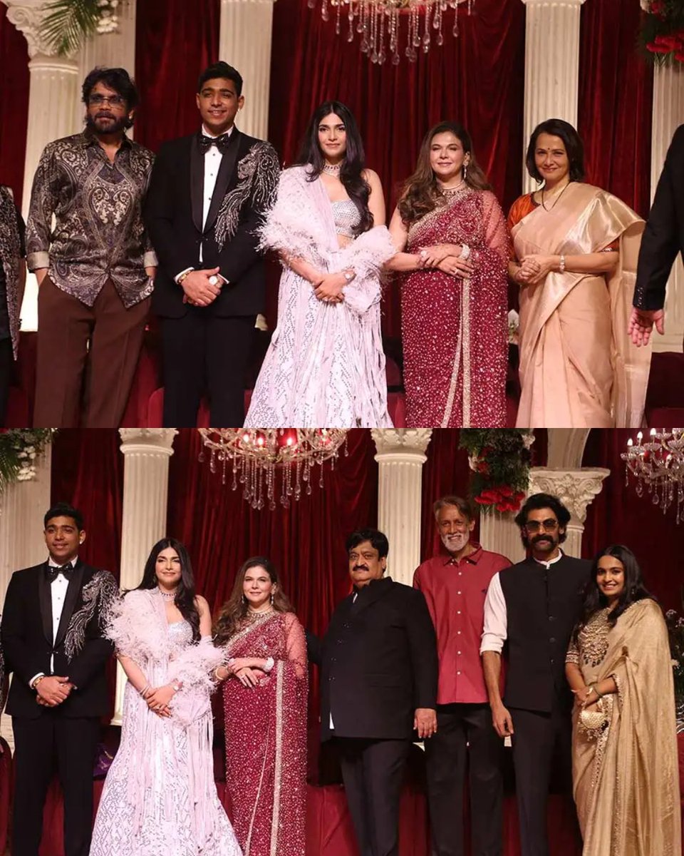 filmfare's tweet image. #Chiranjeevi, #Nagarjuna, #NagaChaitanya, Sobhita Dhulipala, Rana Daggubati, #Samantha along with husband Raj Nidimoru were among Tollywood stars to grace producer Sunil Narang’s daughter Simran and Krish's reception. 

#Celebs