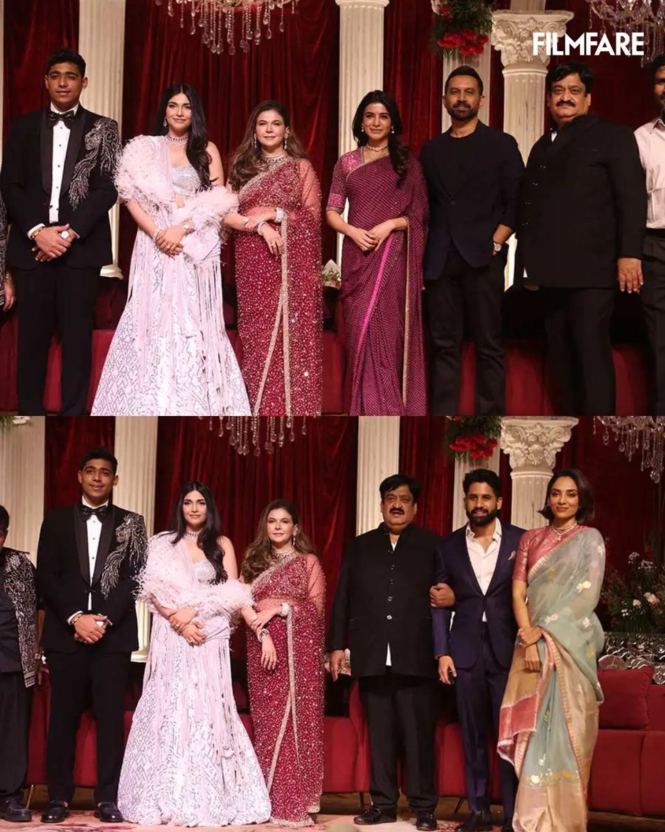 filmfare's tweet image. #Chiranjeevi, #Nagarjuna, #NagaChaitanya, Sobhita Dhulipala, Rana Daggubati, #Samantha along with husband Raj Nidimoru were among Tollywood stars to grace producer Sunil Narang’s daughter Simran and Krish's reception. 

#Celebs