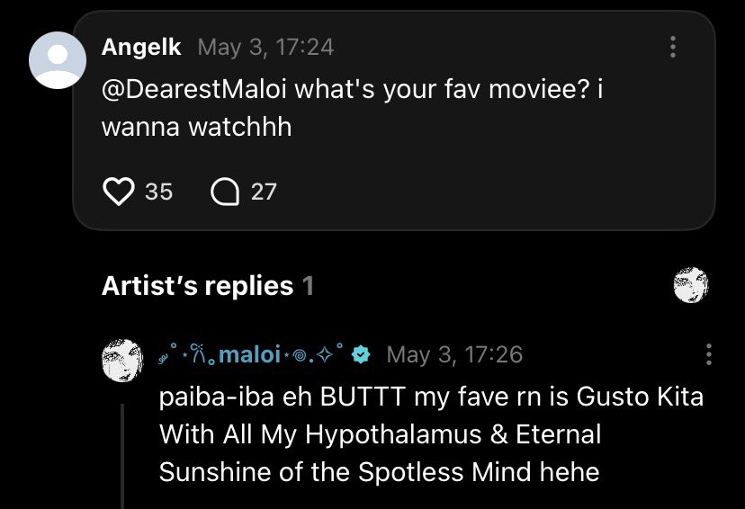 mikhaloiweverse's tweet image. [260503] #BINI_Maloi — weverse reply 💬

🐼: paiba-iba eh BUTTT my fave rn is Gusto Kita With All My Hypothalamus &amp;amp; Eternal Sunshine of the Spotless Mind hehe

#BINI @bini_maloi