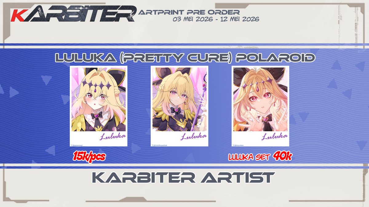 karbiterpro's tweet photo. Helloo!!

Now is Karbiter 2nd Pre-Order for Artprint from our Artist!
Artprint PO open 03 Mei- 12 Mei 2026 for pickup &amp; Shipping
link PO: https://t.co/NkKMKEheWY

Like dan share nya ya ehe~

#Comifuro22
#CF22catalogue
#arknights
#wutheringwaves
#stellasora https://t.co/IbEaTNfXIQ