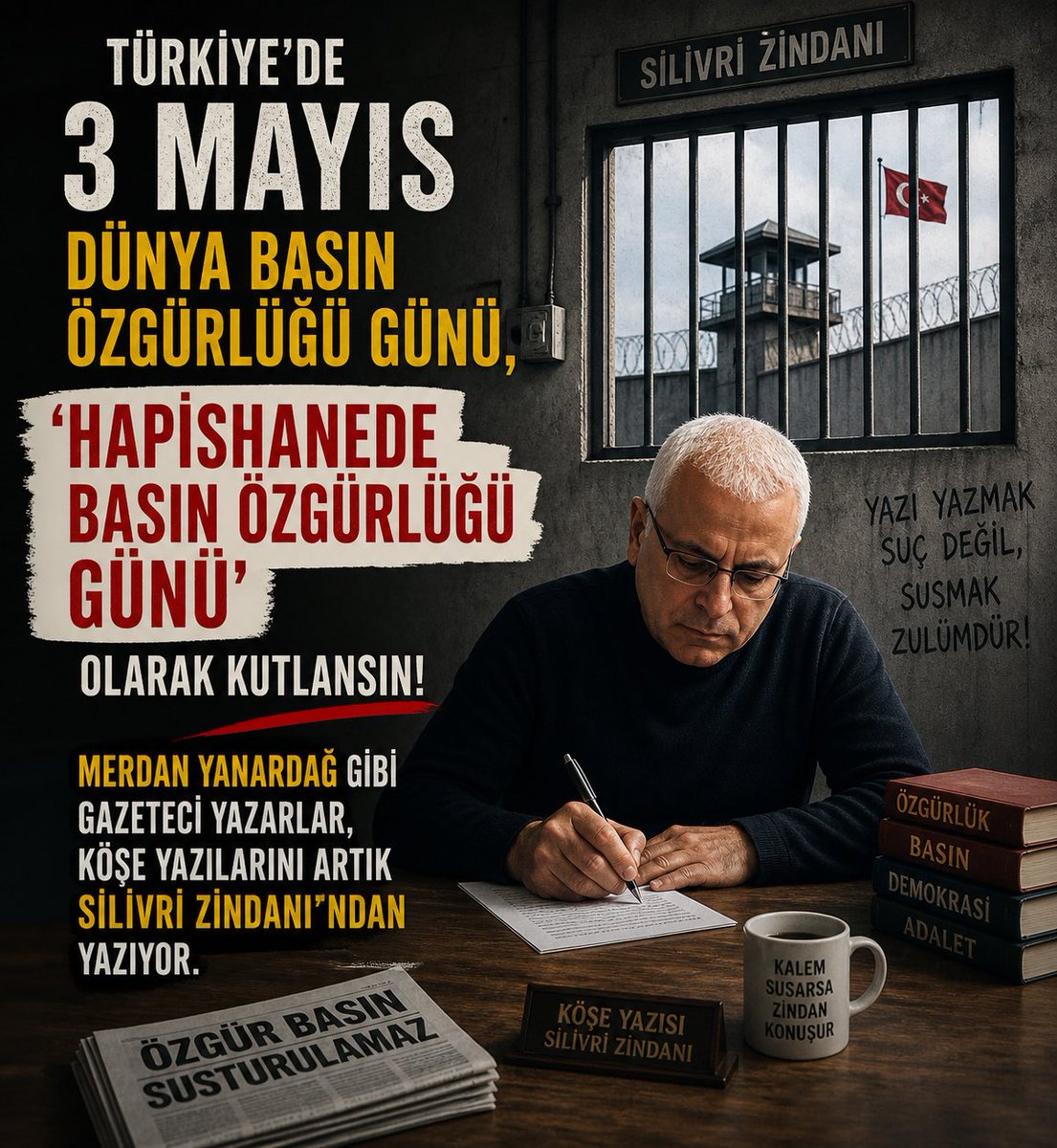 ErdincUtku's tweet photo. Türkiye’de 3 Mayıs Dünya Basın Özgürlüğü Günü, 
“Hapishanede Basın Özgürlüğü Günü” olarak kutlansın! 
Merdan Yanardağ gibi gazeteci yazarlar, köşe yazılarını artık Silivri Zindanı’ndan yazıyor. https://t.co/syilBI3T7M