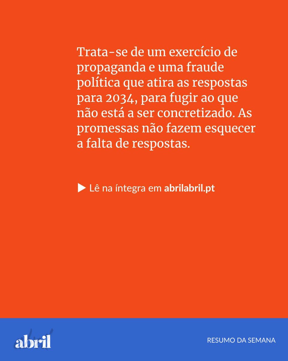 Trata-se de um exercício de propaganda e uma fraude política que atira as respostas para 2034, para fugir ao que não está a ser concretizado. As promessas não fazem esquecer a falta de respostas.
abrilabril.pt/nacional/o-ptr…